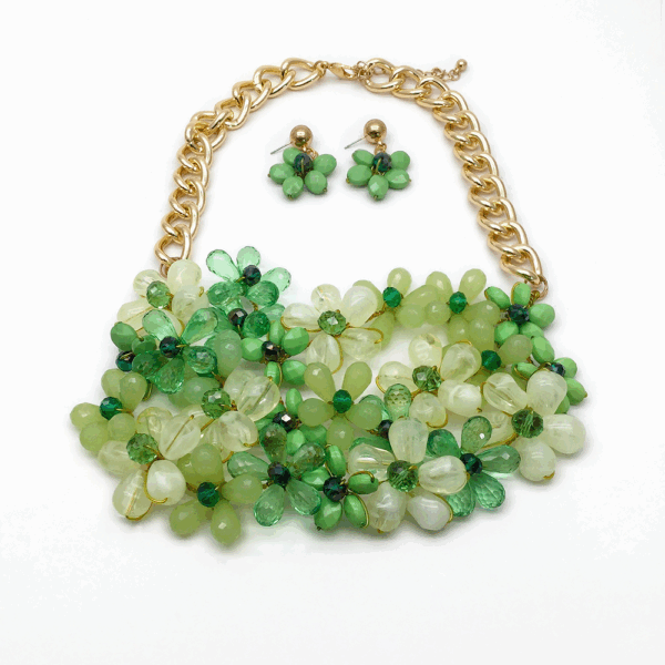 Green Acrylic Flower Statement Necklace Set