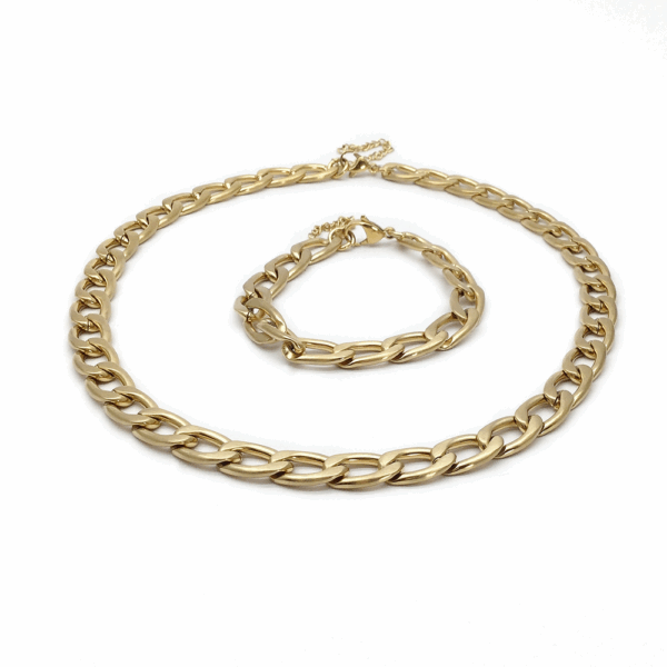 Gold Stainless Steel Large Curb Chain Necklace & Bracelet Set