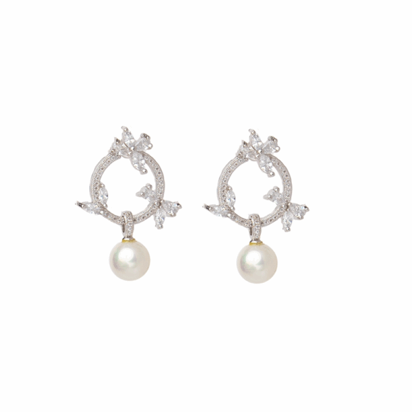 Gold Crystal Circle Pearl Drop Earrings