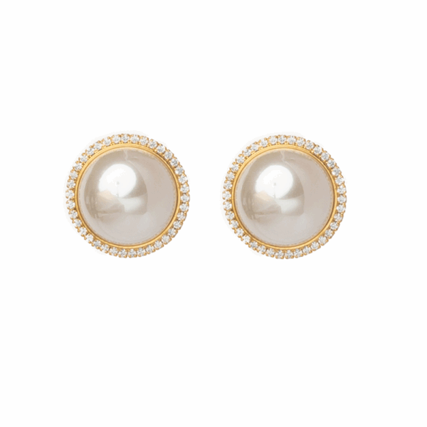 Gold Diamante Rimmed Pearl Stud Earrings