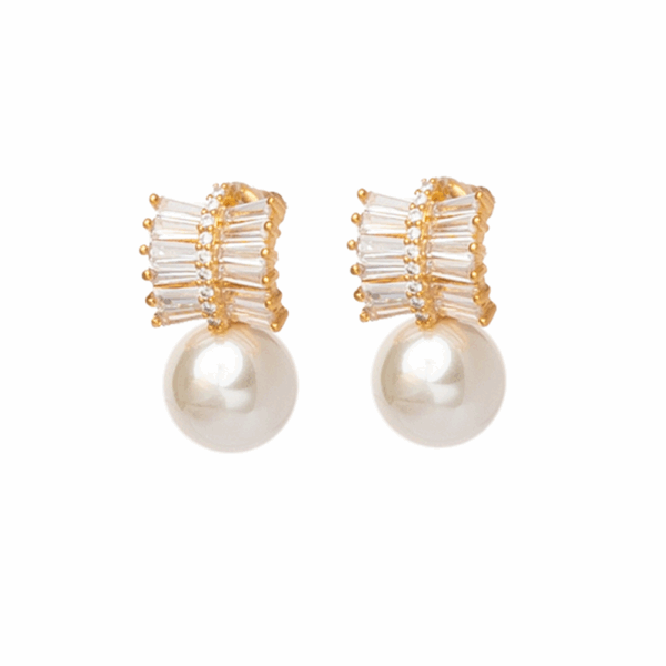 Gold Pleated Crystal Pearl Earrings