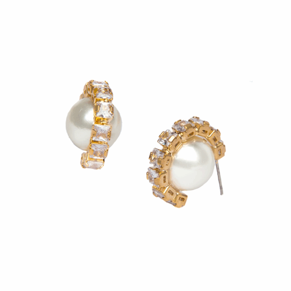 Gold Cup Chain Diamante Pearl Earrings