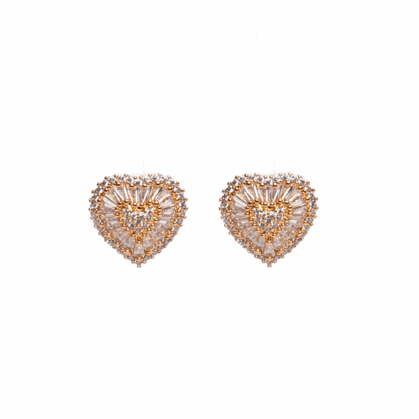 Gold Double Sparkle Cubic Zirconia Heart Studs