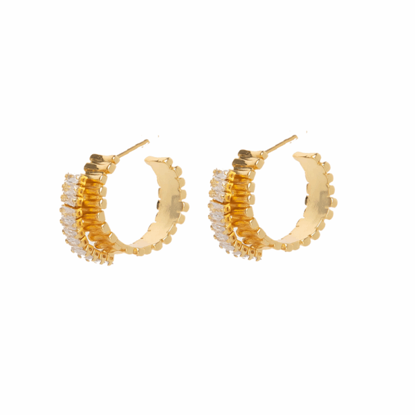 Gold  Double Curve Cubic Zirconia Hoop Earrings - Image 2