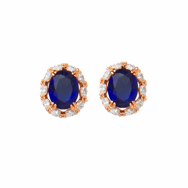 Gold Crystal Circled Blue Stone Stud Earrings