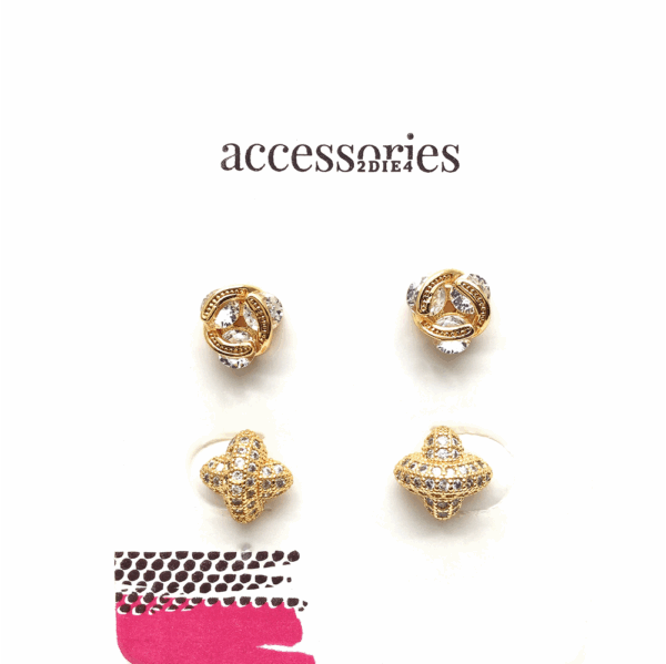 Gold Cubic Zirconia Puffy X Stud Set 2piece