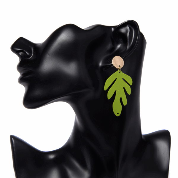 Gold Green Coated Leaf Earrings - Image 2