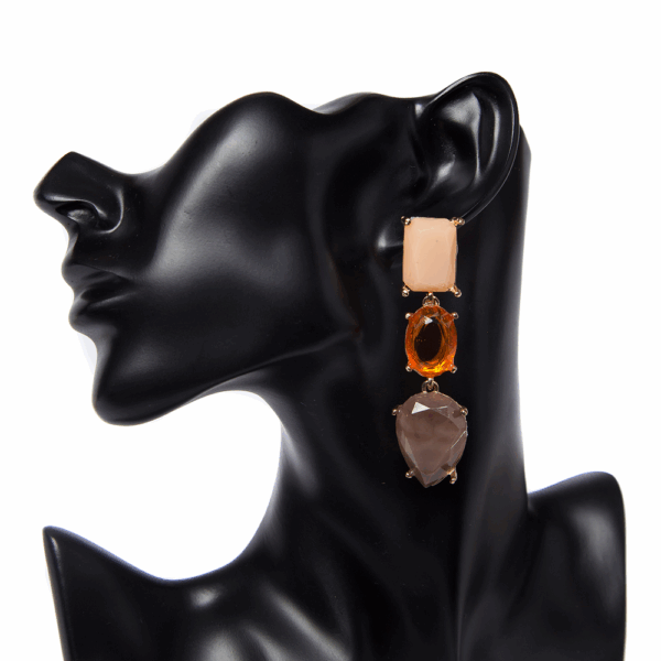 Brown Geometric 3-Bead Drop Earrings - Image 2