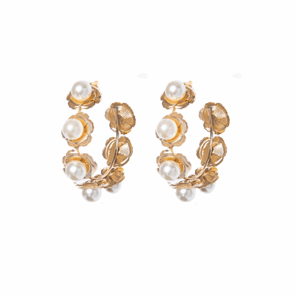 Silver Crafted Floral Pearl Hoops - Image 4