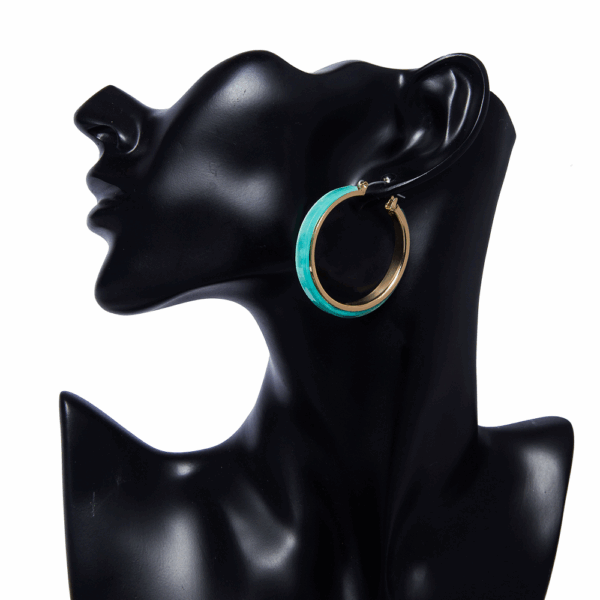 Gold Blue Acrylic Lined  Hoop Earrings - Image 2