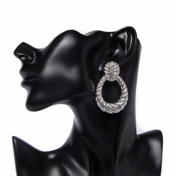 Silver OpenCut Textured Oval Drop Earrings - Image 3