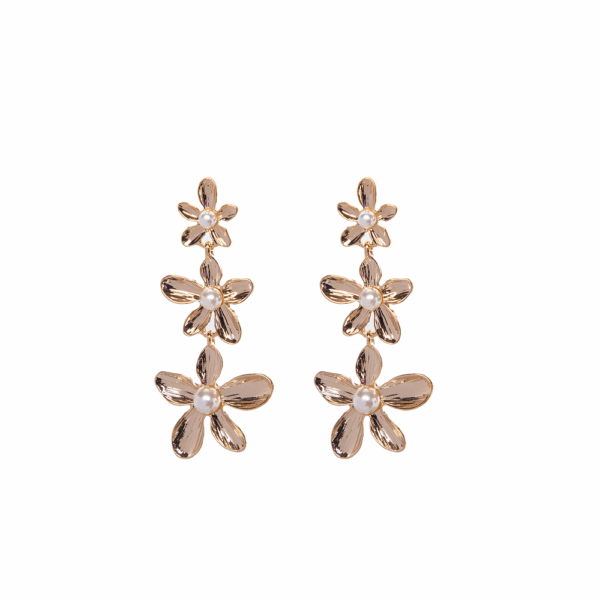 Gold Triple Flower Drop Earrings