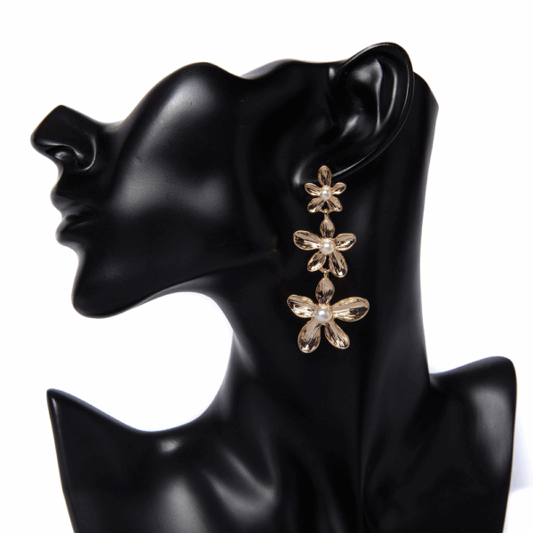 Gold Triple Flower Drop Earrings - Image 2