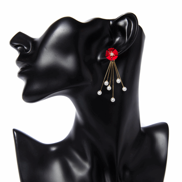 Gold Red Flower Pearl Pin Earrings - Image 3