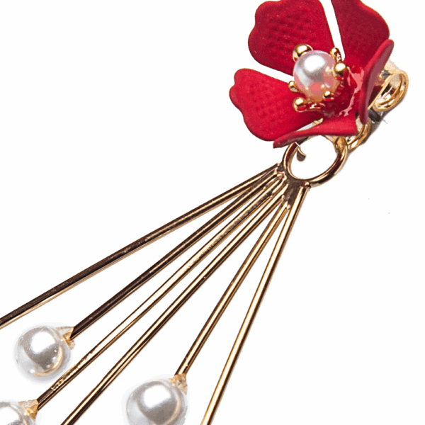 Gold Red Flower Pearl Pin Earrings - Image 2