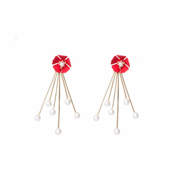 Gold Red Flower Pearl Pin Earrings
