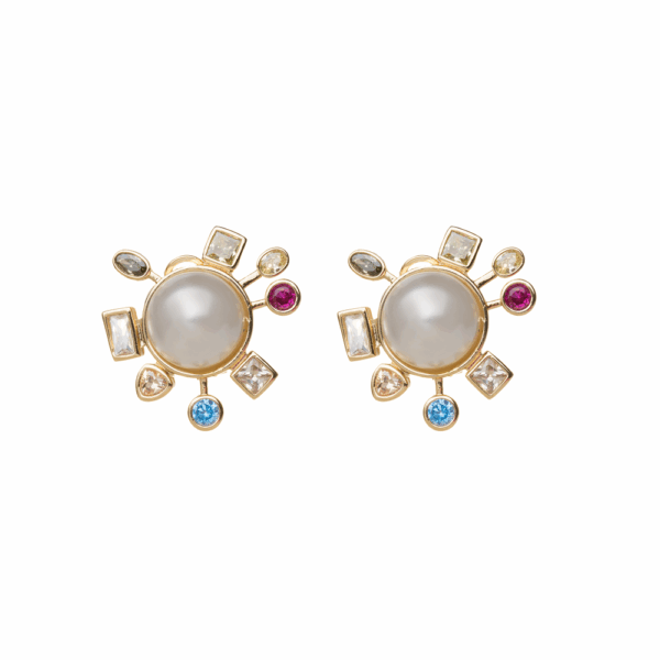 Gold Pearl Gem Circled Stud Earrings
