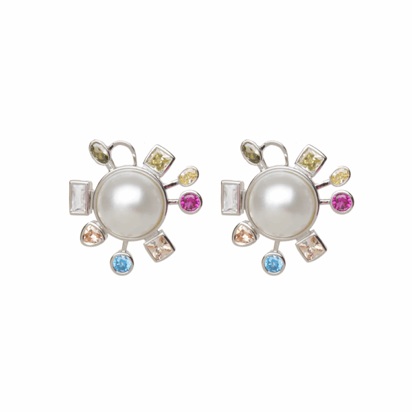 Gold Pearl Gem Circled Stud Earrings - Image 4