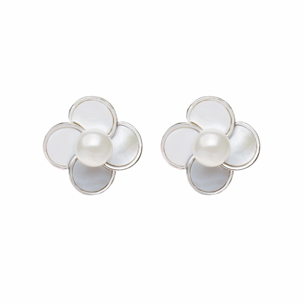 Silver Pearl Flower Stud Earrings