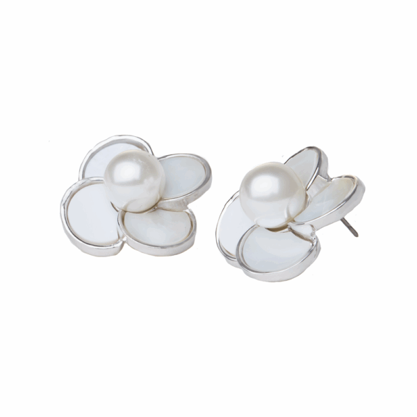 Silver Pearl Flower Stud Earrings - Image 3