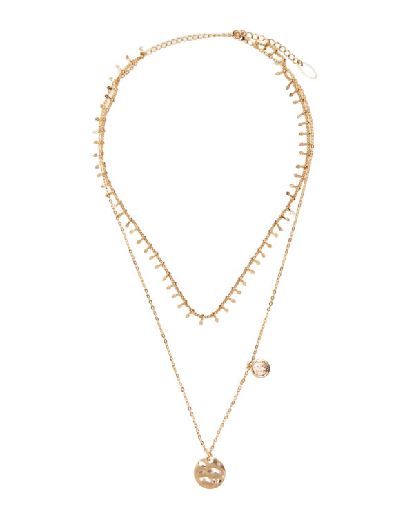Gold Hammered Circle Pendant Layered Necklace - Image 3